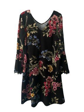 Roz & Ali Black Floral Dress 3/4 Sleeves Women's Large